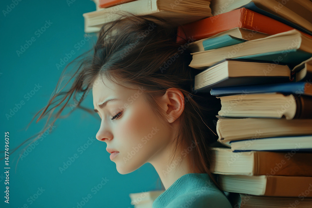 Poster group of students reading books in library while preparing for exam or test session, focused learnin