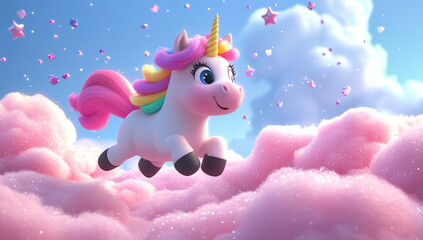3D Cute Unicorn Jumping in Pink Clouds with Glitter