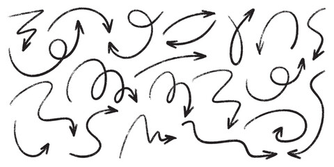 Pencil chalk arrow scribbles collection - doodle pointers, curved lines, round swirls hand drawn. Chaotic artistic strokes, marker design elements set. Sketchy black outline drawings vector pack.