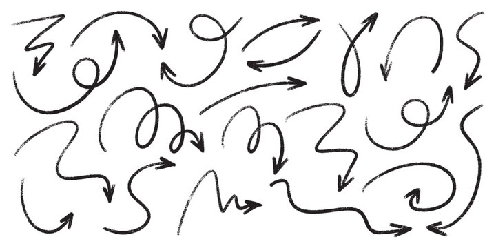 Pencil chalk arrow scribbles collection - doodle pointers, curved lines, round swirls hand drawn. Chaotic artistic strokes, marker design elements set. Sketchy black outline drawings vector pack.