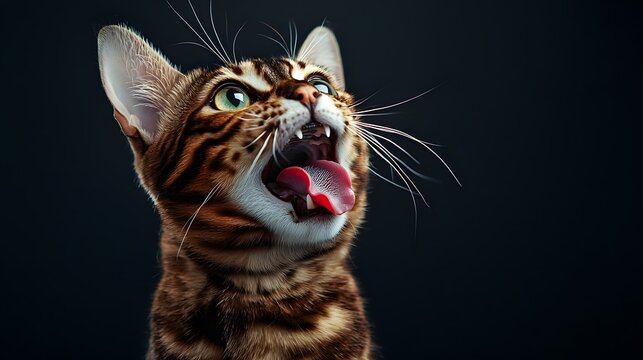 Playful Bengal Cat Yawning with Stunning Green Eyes and Whiskers