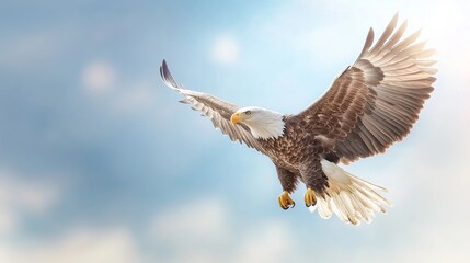 Obraz premium An American bald eagle standing tall on a tree branch, its feathers ruffled by the wind, with the American flag displayed prominently in the background, surrounded by a lush green forest