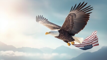 Obraz premium An American bald eagle standing tall on a tree branch, its feathers ruffled by the wind, with the American flag displayed prominently in the background, surrounded by a lush green forest