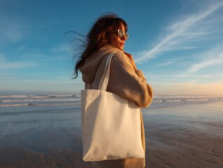 Woman with tote bag standing on beach with ocean and sky background.