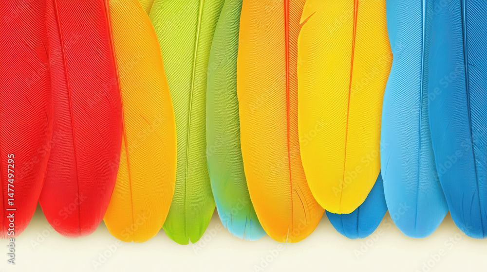 Poster a beautiful row of colorful parrot feathers showcasing an array of vibrant hues and textures for art