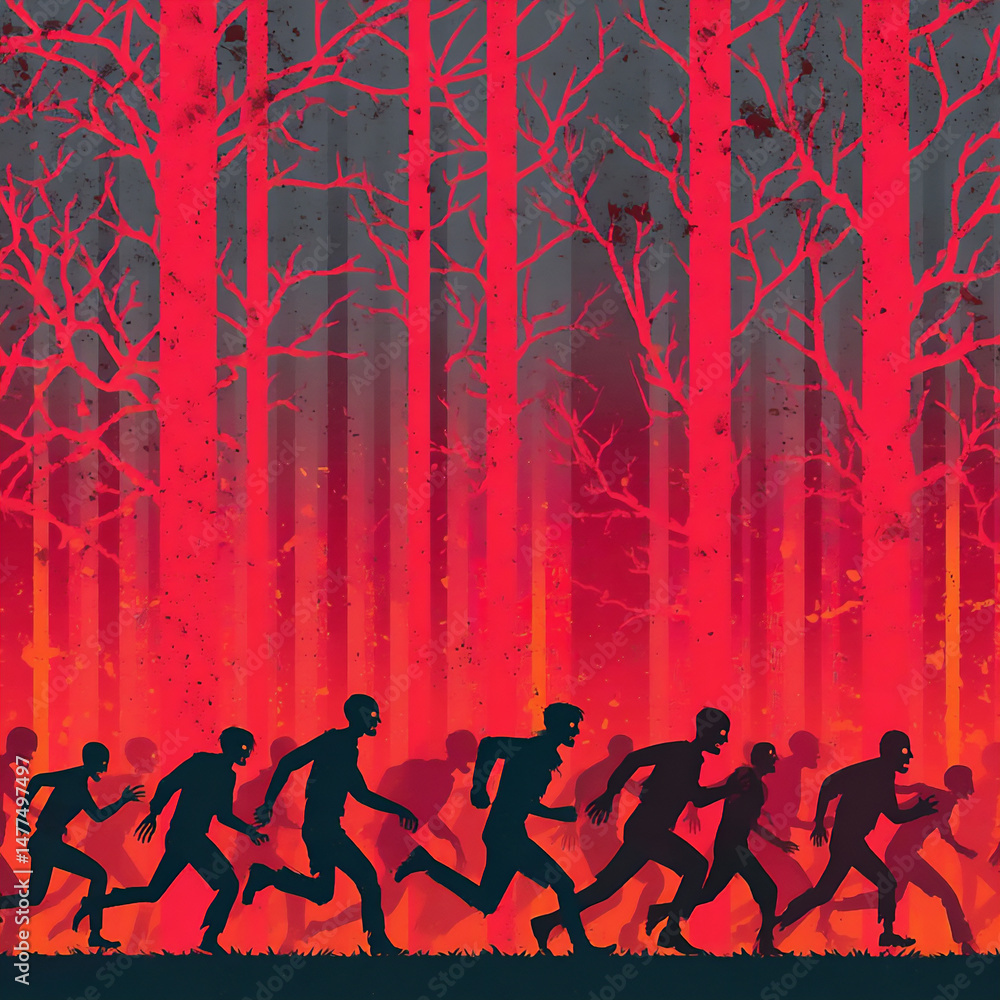 Poster a high-energy digital illustration of a group of fast-moving zombies chasing a fleeing figure throug