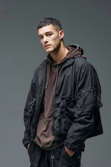Fototapeta premium A man in a black jacket with a hoodie and cargo pants