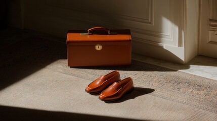 Elegant brown loafers and classic briefcase in sunlit room interior photography vintage aesthetic