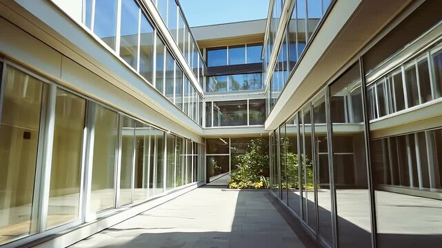 Modern Architecture With Reflective Glass Facade Buildings and Open Courtyard on a Clear Day