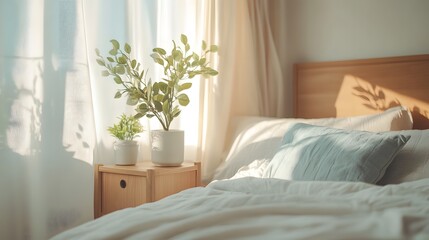 98. A serene bedroom with light wood tones, soft bedding, and a single plant on the bedside table