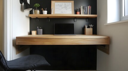 90. A creative workspace featuring a floating wooden desk, a small storage unit, and minimal decor