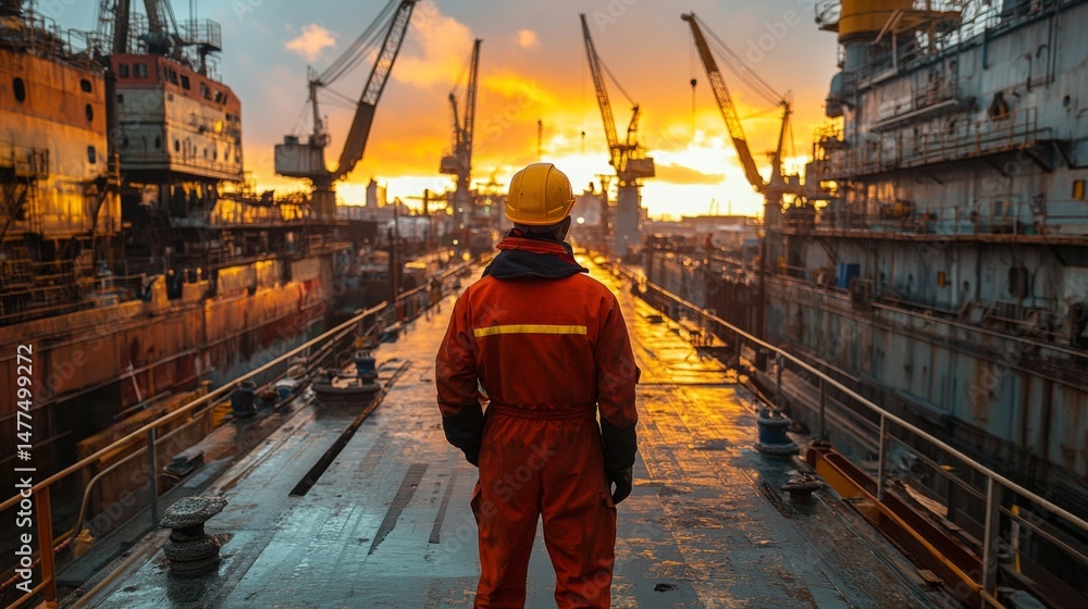 Aufkleber a worker in an orange jumpsuit stands on the deck of a ship in a busy shipyard. cranes tower in the 
