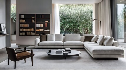 88. A modern living room with a simple sectional sofa, a monochromatic rug, and clean open shelving