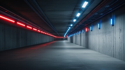 Massive Underground Electrical Cable Tunnel with Dim Lighting and Colorful Neon Lights
