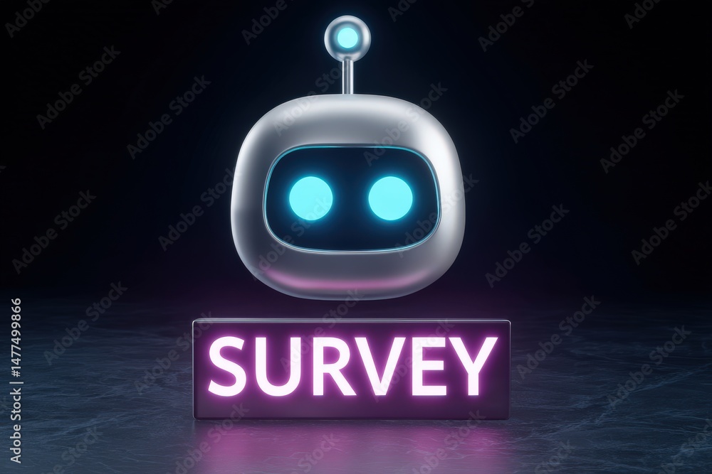 Poster ai-generated chatbot with glowing eyes above a stylish glowing survey sign against a dark background