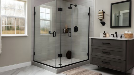 82. A sleek and modern bathroom with black hardware, a frameless glass shower, and minimal accessories