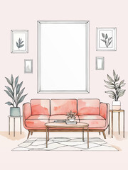 watercolor modern living room with sofa and empty picture frame for insertion