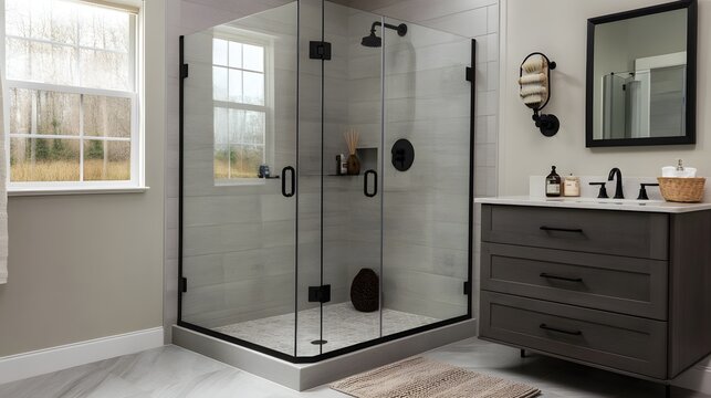82. A sleek and modern bathroom with black hardware, a frameless glass shower, and minimal accessories