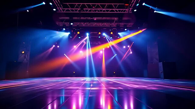 Empty nightclub dance floor illuminated by colorful stage lights with beams of purple, blue, and orange under a high ceiling and truss system

