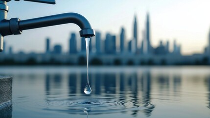 Obraz premium Minimalist Single Clean Faucet Dripping Water with City Skyline Background in Soft Focus