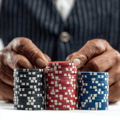 Naklejka premium Intense poker player shuffling chips on white background close-up view gaming environment