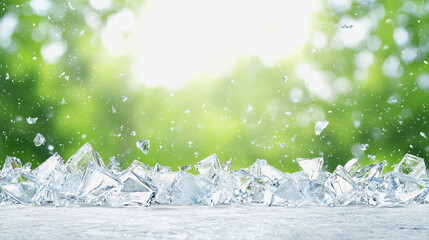 Chaotic bunch of ice on a table illustrating the impact of hailstorm ice pellets with intriguing textural details