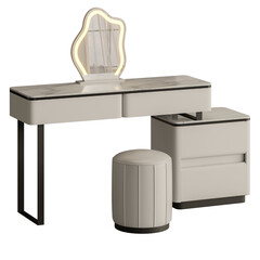 A vanity with a mirror and a stool