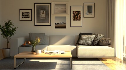 74. A simple yet creative living room with a clean-lined sofa, a small coffee table, and a monochrome gallery wall