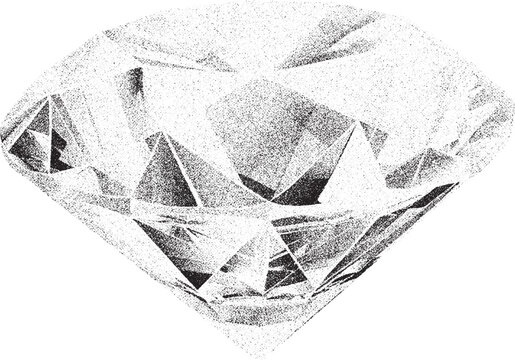 Black and white xerox effect vector illustration of a sparkling gemstone diamond crystal brilliant cut luxury jewelry wealth symbol elegant design element vintage stipple shading engraving style