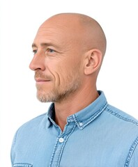 Fototapeta premium A profile of a mature bald man with a thoughtful expression wearing a light blue shirt