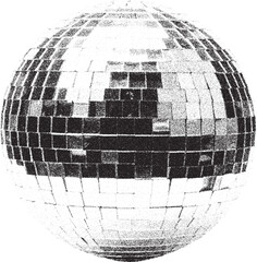 Black and white xerox effect disco ball vector illustration grainy textured retro party nightclub dance music 70s 80s vintage style speckled grunge distressed effect isolated on white background