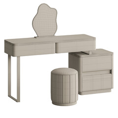 A white desk with a mirror and a stool