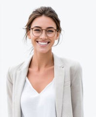 Obraz premium Professional Woman with Glasses Smiling in Business Attire