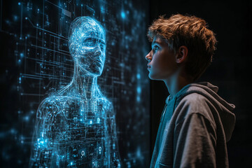 Futuristic AI-generated digital face with holographic data projections and neural network visual effects