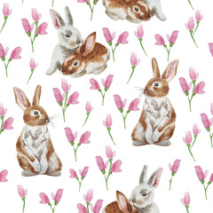 Watercolor rabbits seamless pattern illustration. Floral print with bunny hare and flower branches. Cartoon cute hare hand drawing art.