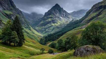 Obraz premium Majestic highland landscape with clouds touching mountain peaks scotland nature photography serene view
