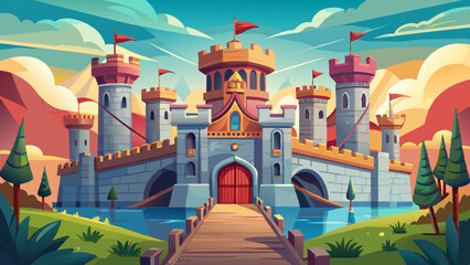 Naklejka premium The castle’s architecture is a marvel — detailed arches, tall watchtowers, and a grand drawbridge guarding the entrance. Banners flutter in the breeze, bringing life and color to the historic fortres