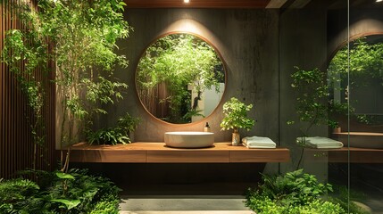 57. A bathroom with a floating wooden vanity, a round mirror, and subtle greenery for decor