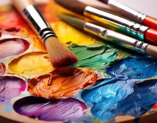 Obraz premium a close up of an art palette with vibrant colors and paintbrushes pic