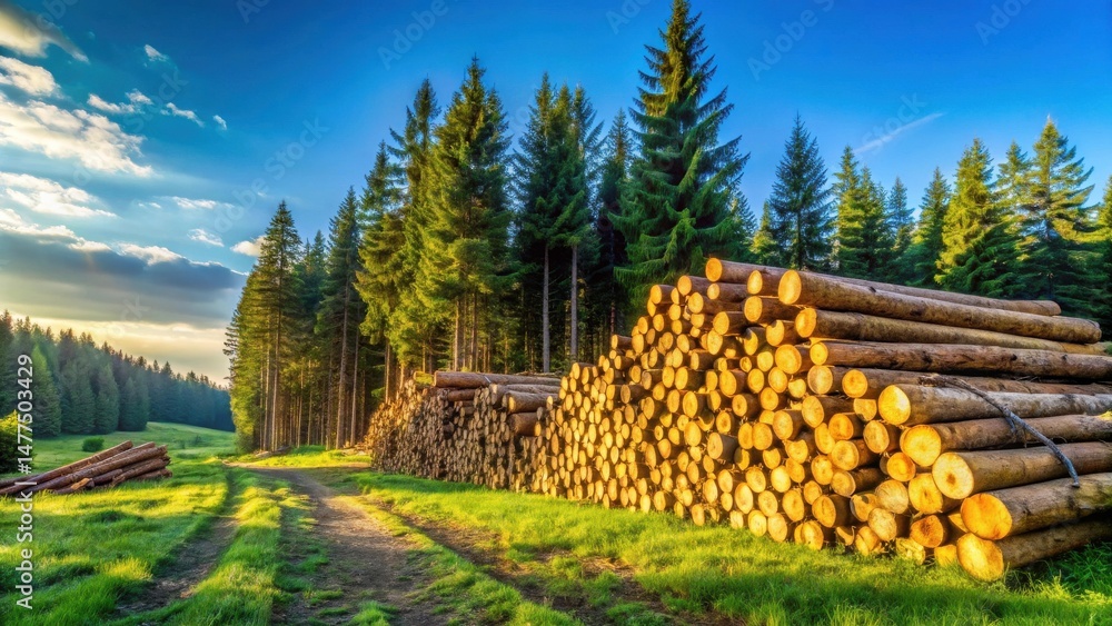 Poster serene sunset over a forest path with stacks of timber