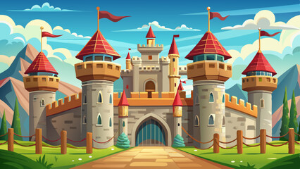  The castle’s architecture is a marvel — detailed arches, tall watchtowers, and a grand drawbridge guarding the entrance. Banners flutter in the breeze, bringing life and color to the historic fortres