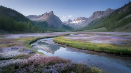 A Tranquil Valley of Flowers and Mountains