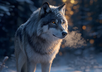 Lone Wolf in a Snowy Forest at Twilight