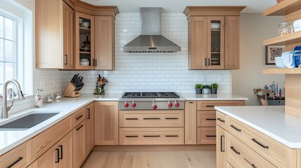 53. A kitchen with a white subway tile backsplash, light wood cabinetry, and minimal decorative items
