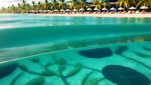 Tropical beach resort with calm turquoise water, artistic underwater pool design, palm trees, and rows of umbrellas on a sunny day

