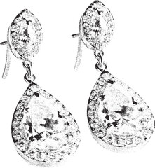 Black and white xerox effect vector illustration of a pair of dangling earrings with teardrop gemstones and intricate detailing perfect for fashion jewelry design projects vintage style accessories