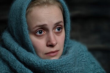 Fototapeta premium Woman wrapped in blue scarf looking pensive