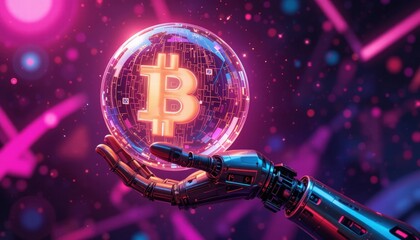 Futuristic Robotic Hand Cradling a Glowing Bitcoin in a Colorful Digital Universe