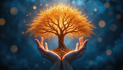 Illuminated Golden Tree Held by Gentle Hands Against a Dreamy Background with Bokeh Effects