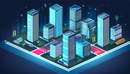 futuristic infrastructure of a smart night city residential urban buildings for isometric innovation flat design smart city illustration of town with digital communication technology